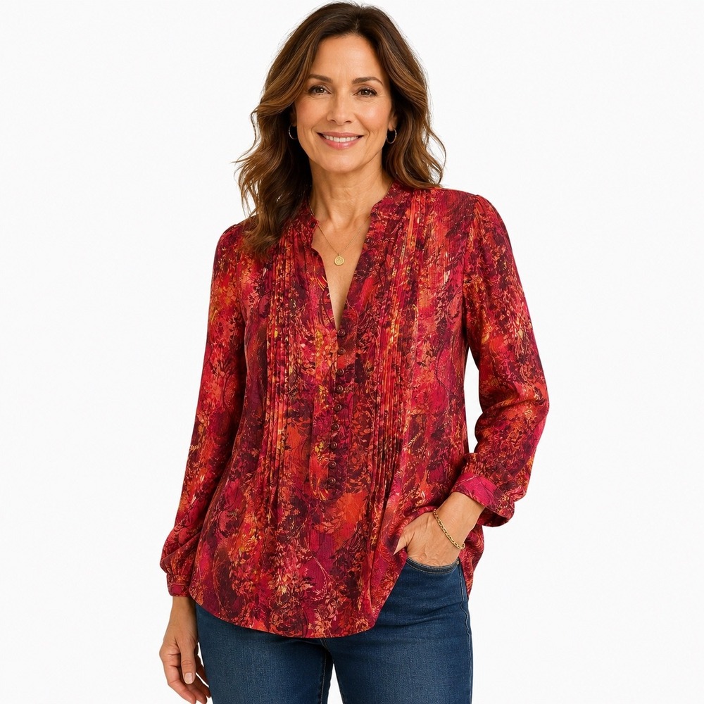 Coldwater Creek Vine Large Printed Burgundy Multicolor Pintuck Chiffon Boho